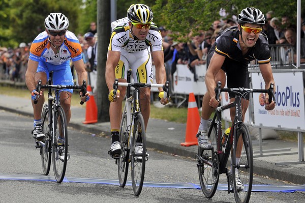 Jack Bauer (right) winning the sprint finish from Hayden Roulston (centre) and Julian Dean at the RaboPlus National Road Cycling championships in Christchurch today.